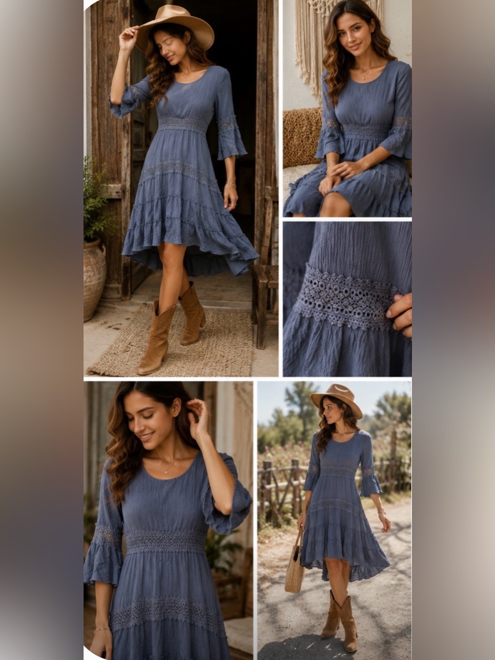 Solitaire Boho Cottagecore Blue Rayon Dress XS Crochet Lace Tiered Bell Sleeve